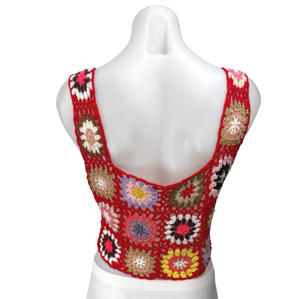 Red Crochet Granny Floral Hollow Out Festival Boho Square Crop Tank Top Size M - Picture 2 of 3